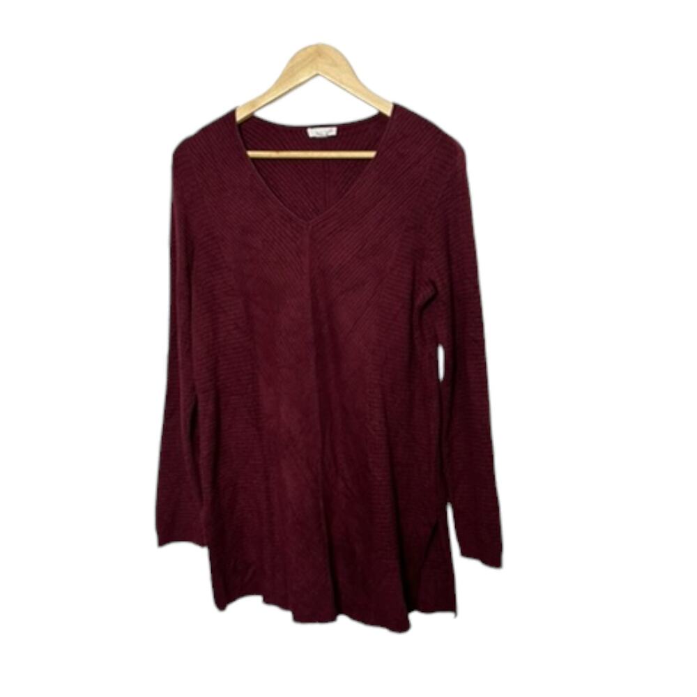 J.Jill Ribbed V-Neck Dark Maroon Long Sleeve Tunic Sweater Women's Small